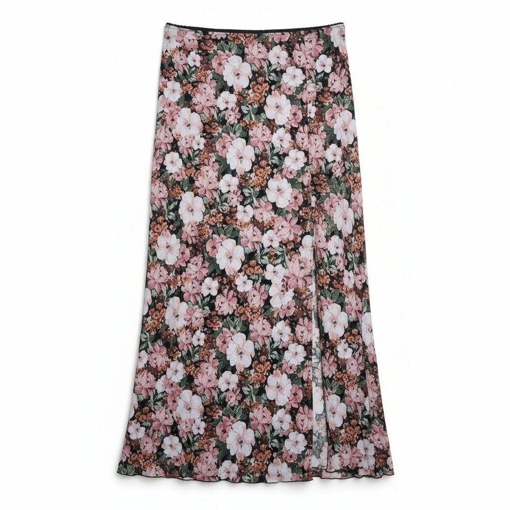 Originality Slip Skirt Juniors XL Floral Maxi High Slit Mesh Preppy